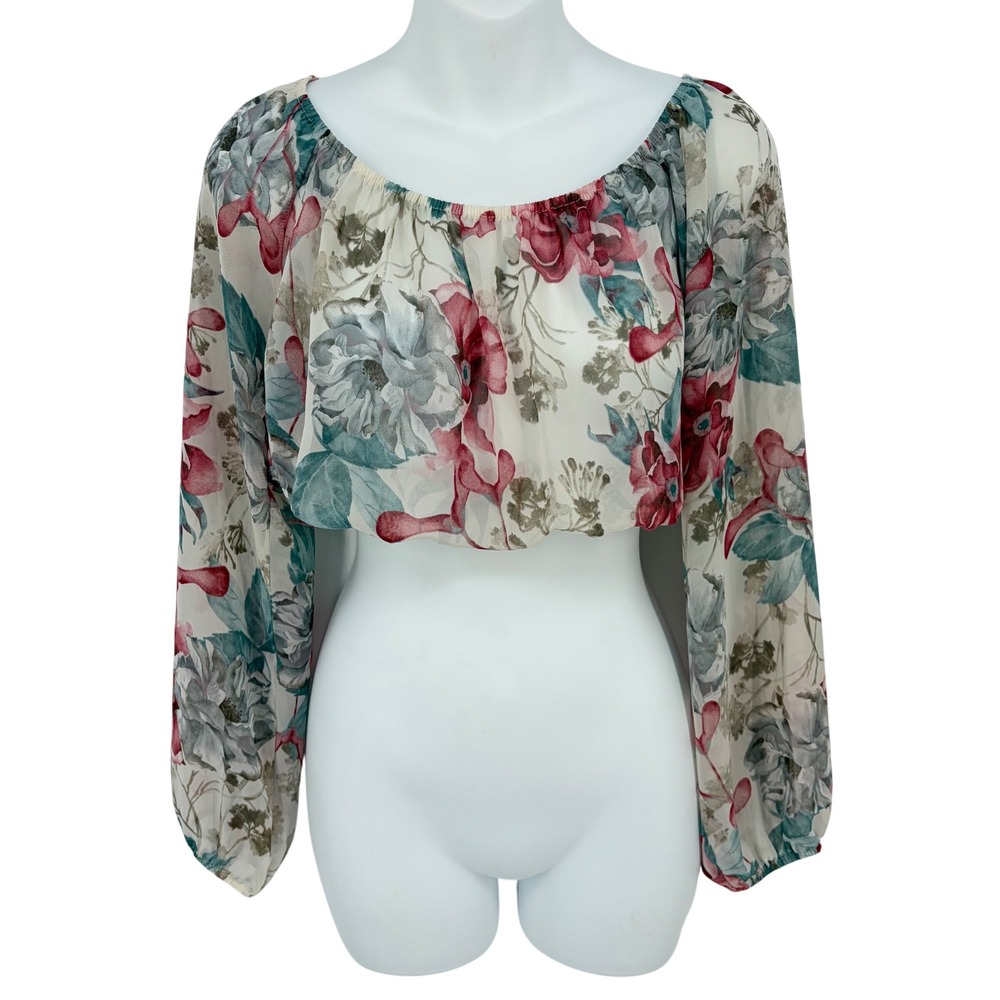 Floral Crop Top Sheer Lantern Sleeve Coquette Garden Fairy Goth Romatic Small
